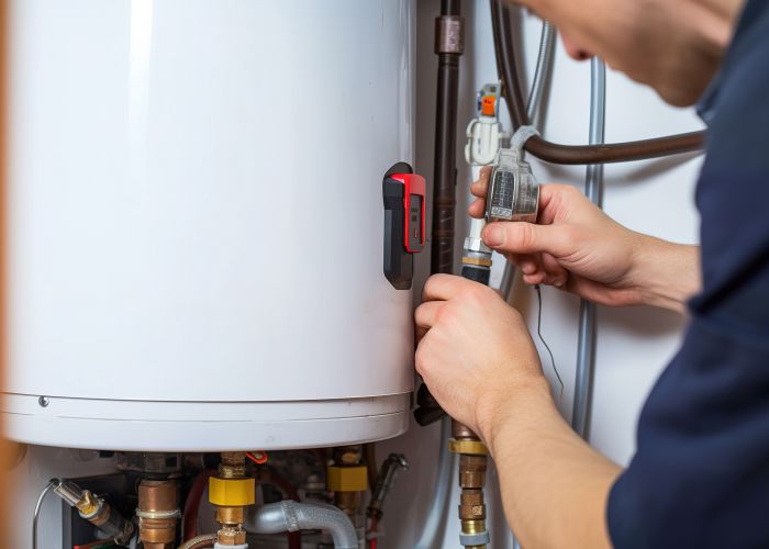 Zu sehen ist ein Techniker der gerade an den Heizkörper einer Heizung arbeiten durchführt.
